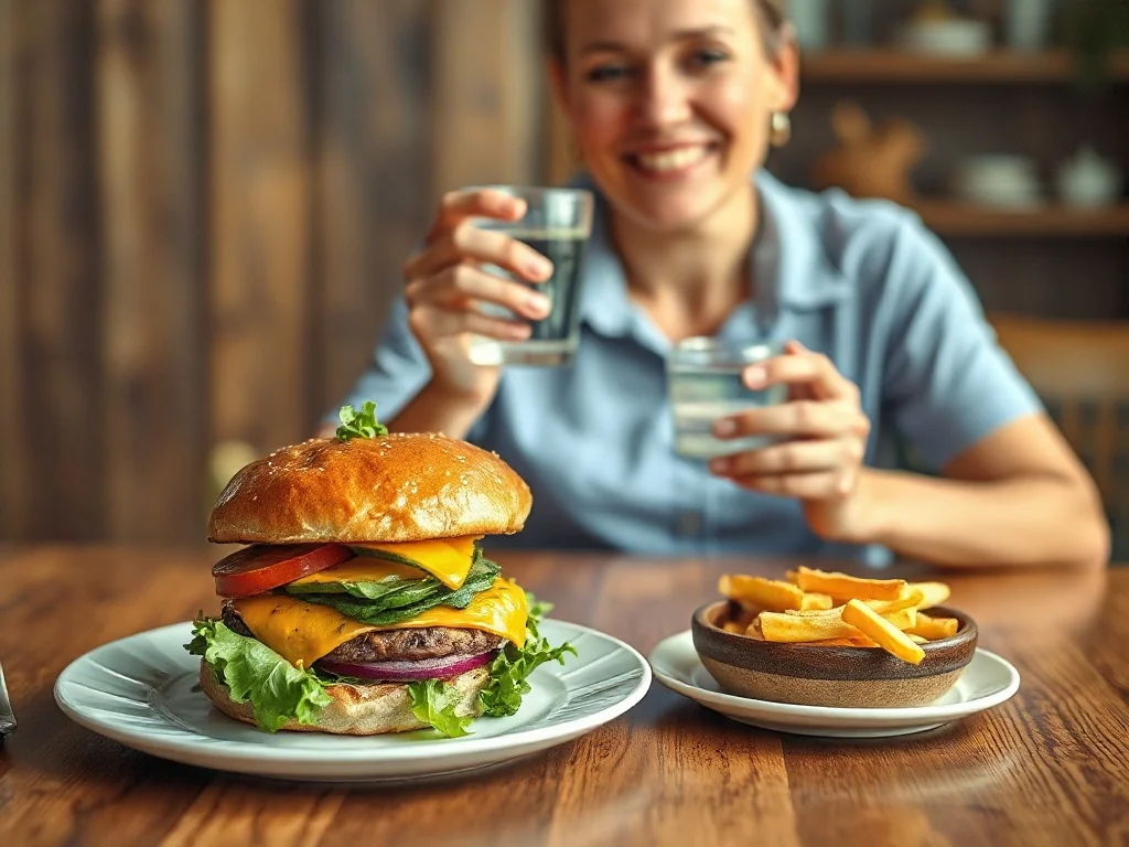 Apetyczny burger z frytkami na pierwszym planie oraz uśmiechnięta kobieta w tle, symbolizująca zachowanie równowagi w diecie.