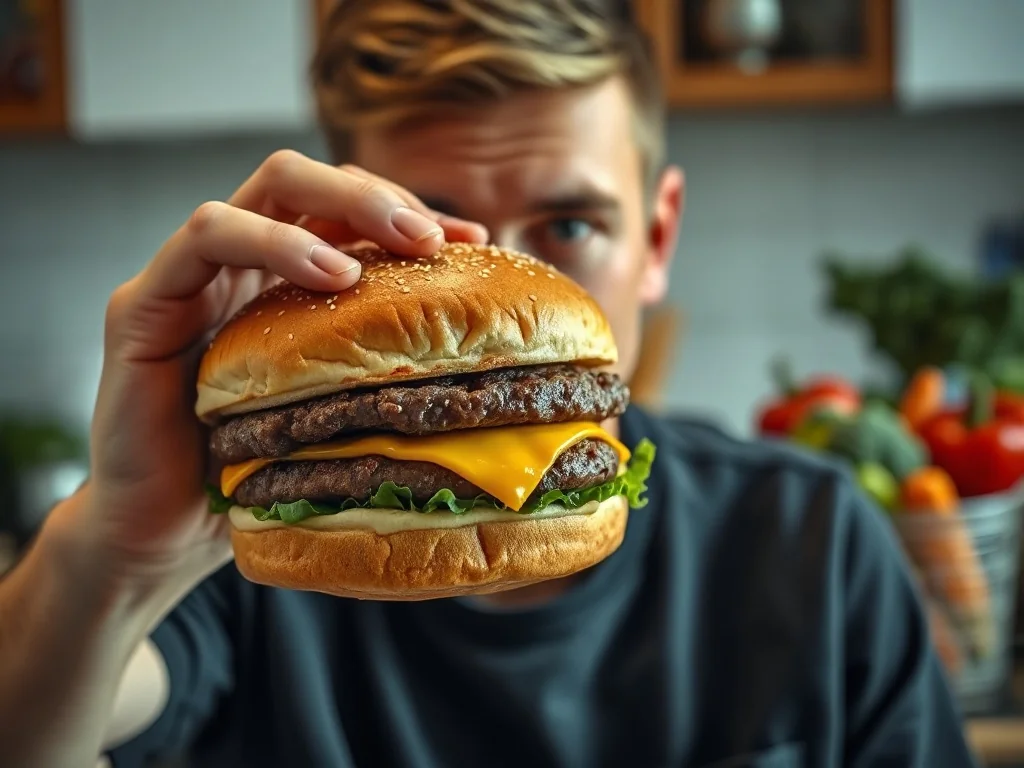 Osoba trzymająca tłustego burgera na tle świeżych warzyw, obrazująca kontrast między niezdrowym a zdrowym odżywianiem.